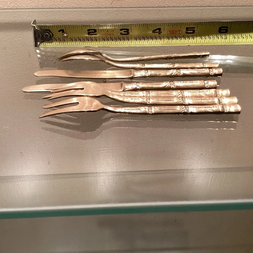 Thailand Nickelbronze Appetizer Cocktail Forks & Spoon Bamboo Design Set of 7